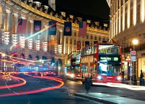 Bus in city at night